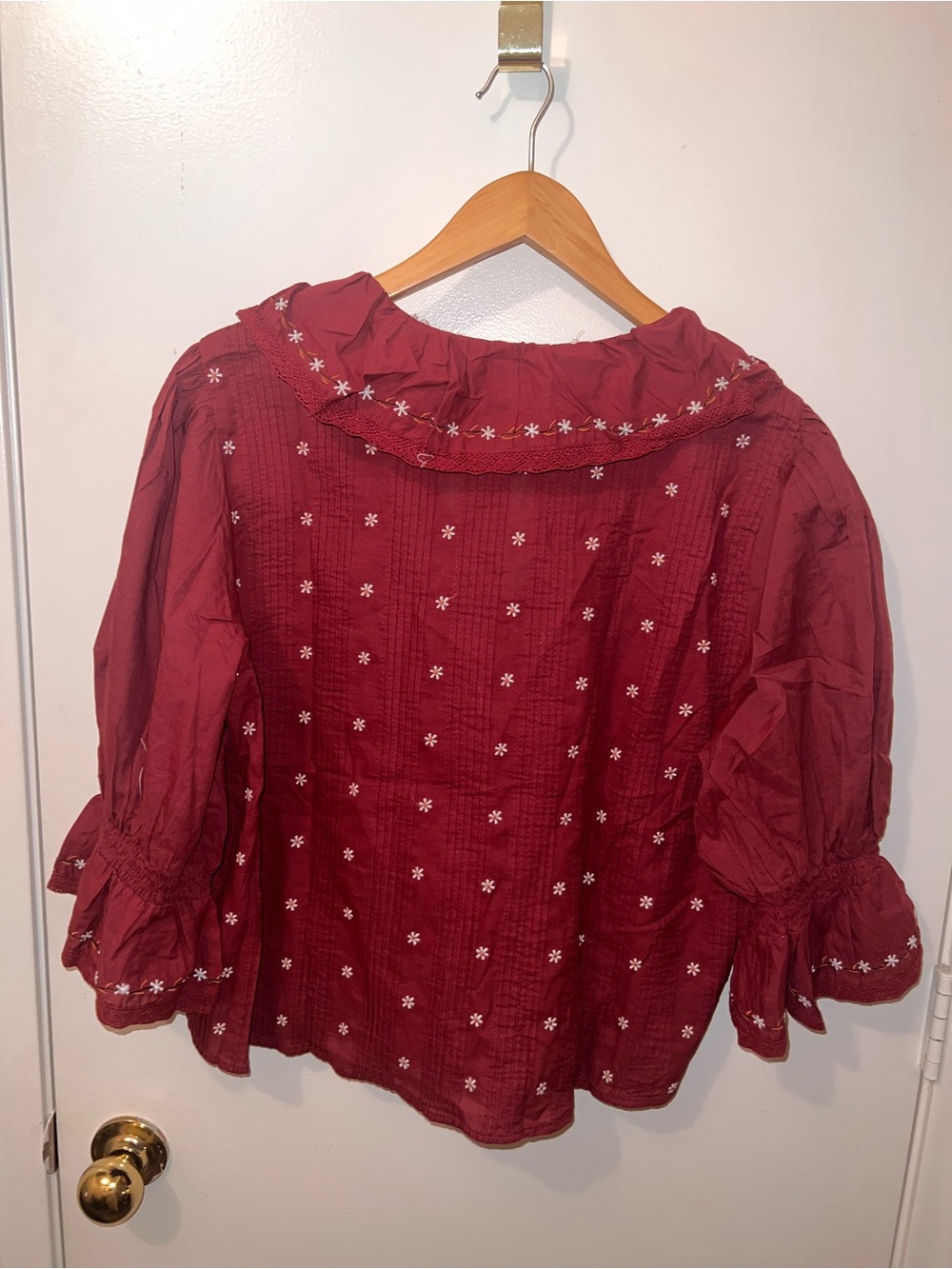 Embroidered Ruffle Red Blouse - Women - Picture 2 of 6